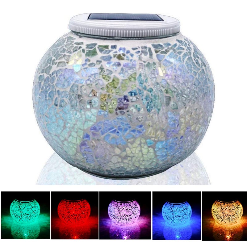 SmilingTown Solar Powered Color Changing Mosaic Crackle Glass Table Lamp - Waterproof LED Night Light for Bedroom, Yard, Patio, Halloween, Christmas Decorations (Crackle Glass, White) - Image 2